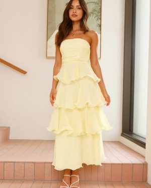 Butter Yellow Strapless Layered Ruffle Shirred Long Dress For Summer 2025