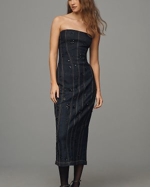 By Anthropologie Strapless Beaded Denim Dress