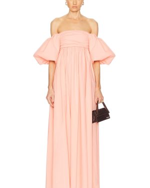CAROLINE CONSTAS Emilia Ruched Empire Maxi Dress in Peach Pink - Blush. Size L (also in M, S, XS).