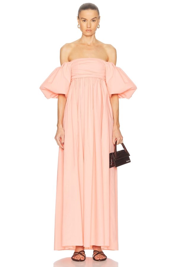 CAROLINE CONSTAS Emilia Ruched Empire Maxi Dress in Peach Pink - Blush. Size L (also in M, S, XS).
