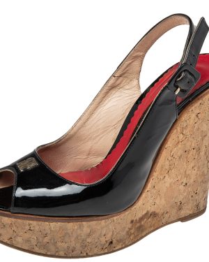 CH Carolina Herrera Black Patent Leather Peep-Toe Cork Wedge Platform Slingback Sandals Size 37