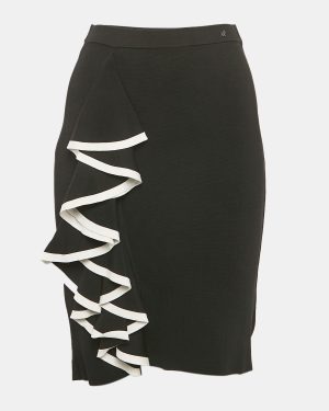 CH Carolina Herrera Black Stretch Knit Ruffled Pencil Skirt XS