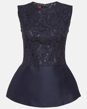 CH Carolina Herrera Blue Lace and Crepe Peplum Top S