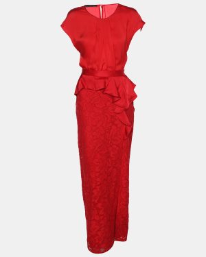 CH Carolina Herrera Red Lace Ruffle Trim Slit Detail Maxi Skirt and Tops M