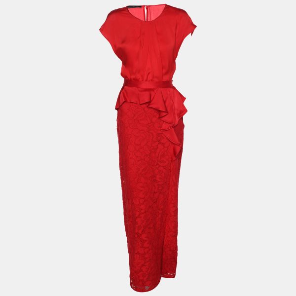 CH Carolina Herrera Red Lace Ruffle Trim Slit Detail Maxi Skirt and Tops M