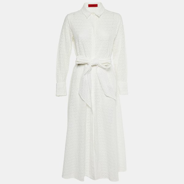 CH Carolina Herrera White Eyelet Lace Belted Maxi Dress L