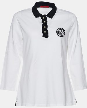 CH Carolina Herrera White Pique Knit Ruffled Polo Top L