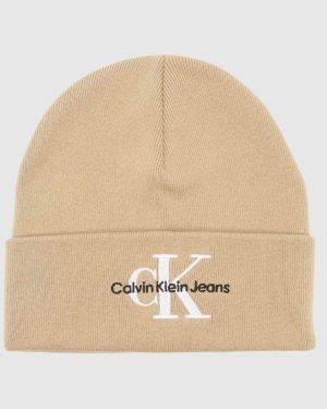 CK Jeans Embroidered Beanie in Beige, Size: OSFM
