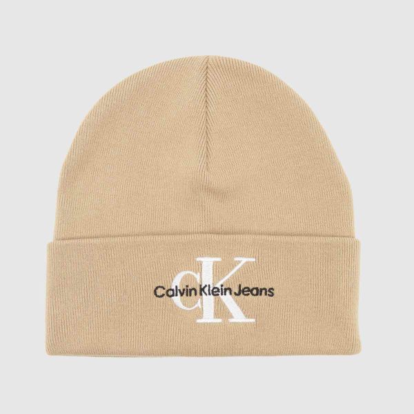 CK Jeans Embroidered Beanie in Beige, Size: OSFM