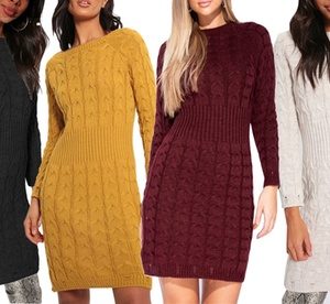 Cable Knit Jumper Ribbed Waist Dress, Wine,S-M