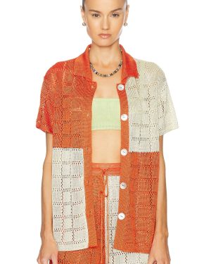 Calle Del Mar For Fwrd Two Tone Short Sleeve Patchwork Shirt in Tomato & Jasmine - Orange. Size L (also in S).