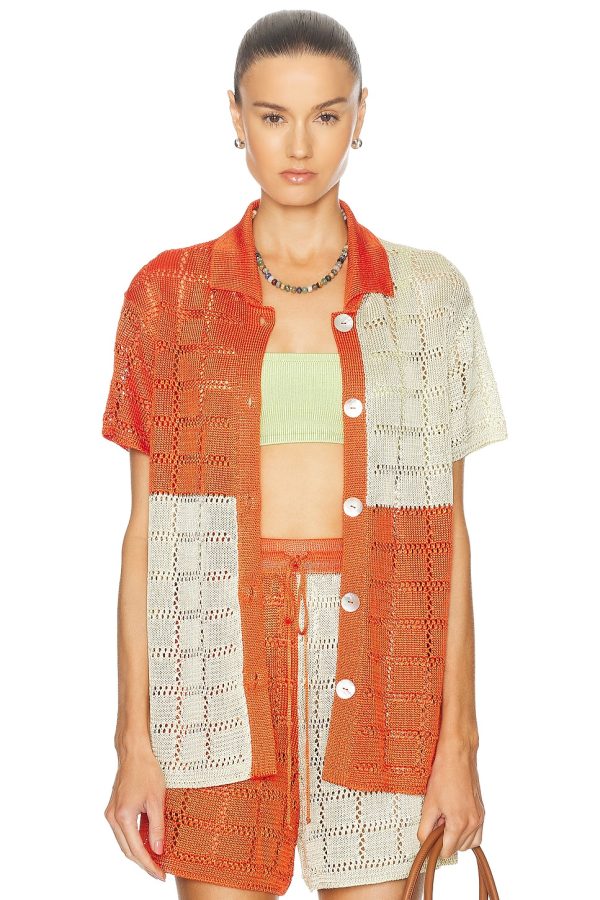 Calle Del Mar For Fwrd Two Tone Short Sleeve Patchwork Shirt in Tomato & Jasmine - Orange. Size L (also in S).
