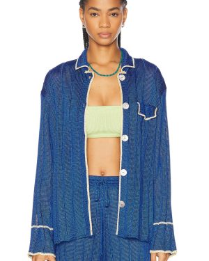 Calle Del Mar Wide Rib Long Sleeve Pajama Shirt in Lapis & Butter - Blue. Size L (also in M, S).