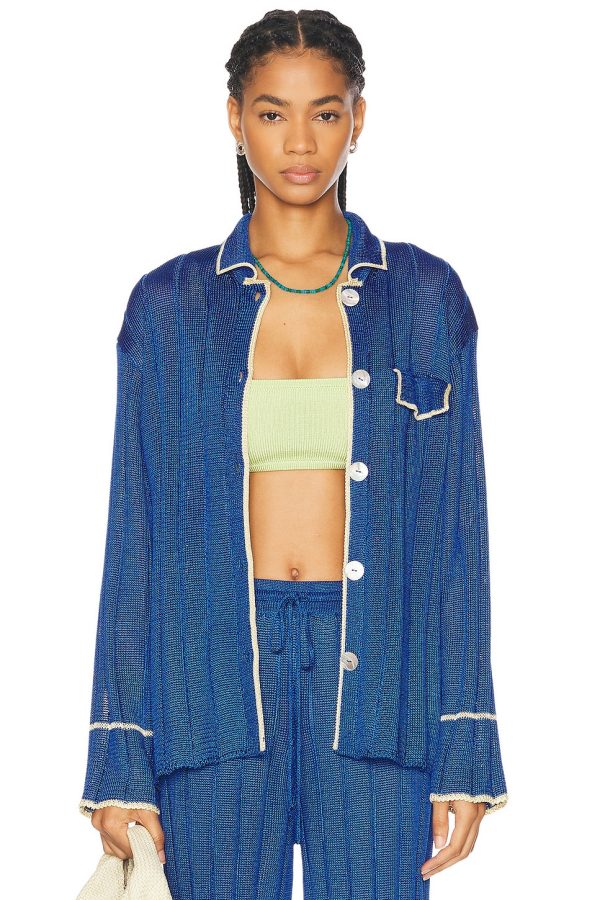 Calle Del Mar Wide Rib Long Sleeve Pajama Shirt in Lapis & Butter - Blue. Size L (also in M, S).