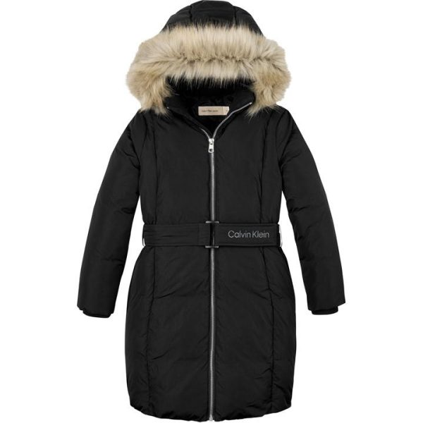 Calvin Klein Jeans Belted Faux Fur Coat Junior - Black
