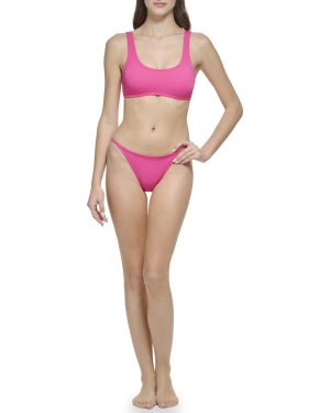 Calvin Klein Womens Standard Sporty Bra Top Removable Soft Cups Skinny Strap Bikini Bottom 2 Piece Set Rose Silky Rib