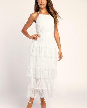 Came For Cocktails White Pleated Tiered Lace Maxi Dress