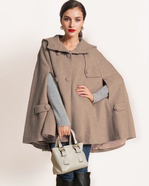 Camel Hooded Woolen Cape Coat For Women Oversized Poncho Winter Outerwear 2025