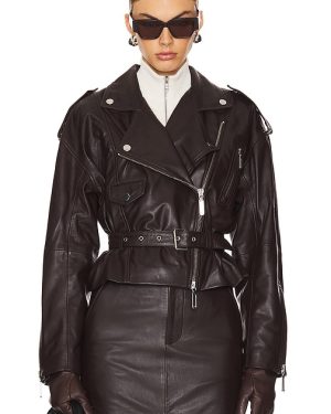 Camila Coelho Ambrosia Leather Moto Jacket in Brown. Size S, XL.