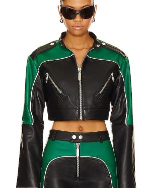 Camila Coelho Cropped Moto Biker Leather Jacket in Green,Black. Size XXS.