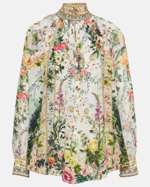Camilla Floral high-neck silk crepe blouse