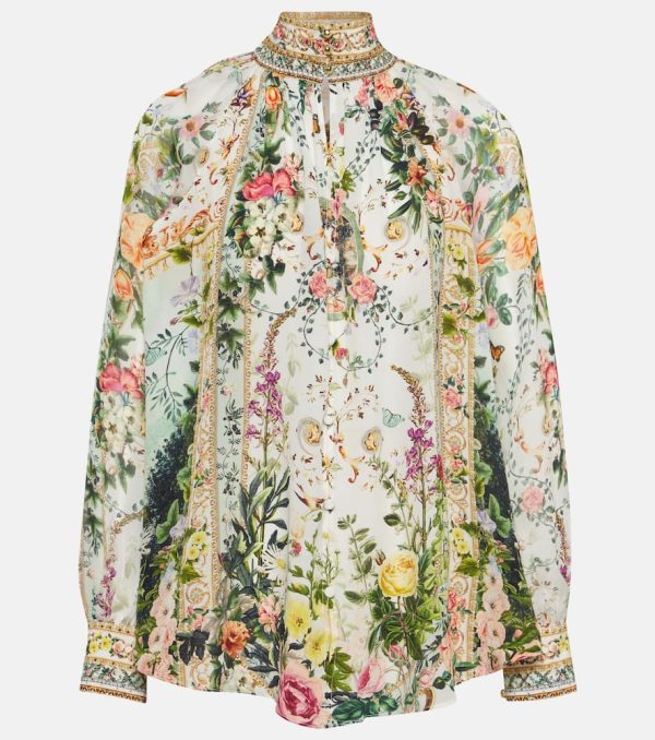 Camilla Floral high-neck silk crepe blouse