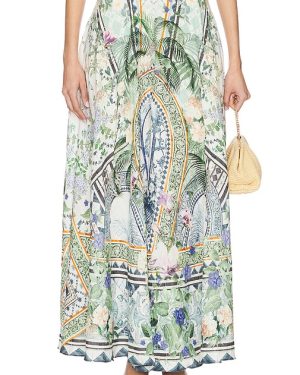 Camilla Maxi Skirt in Green,Ivory. Size S.