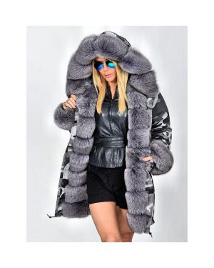 (Camouflage Gray+Gray Fur, XL) Women Ladies Winter Long Warm Thick Parka Faux Fur Jacket Hooded Coat S-5XL