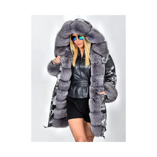 (Camouflage Gray+Gray Fur, XL) Women Ladies Winter Long Warm Thick Parka Faux Fur Jacket Hooded Coat S-5XL