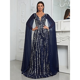 Cape Dress A-Line Evening Gown Elegant Dress Formal Wedding Floor Length Sleeveless Plunge Neck Chiffon with Glitter Sequin Lace 2025