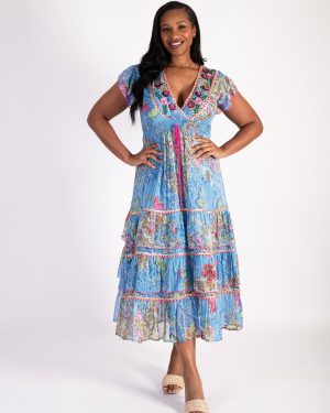 Capri Floral Print Tiered Chiffon Maxi Dress with Hand Beaded V Neckline and Metallic Pinstripes