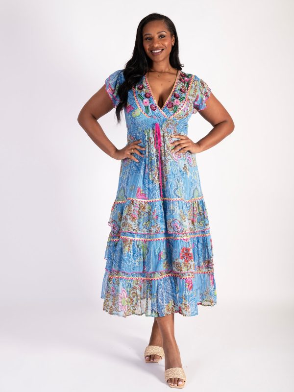 Capri Floral Print Tiered Chiffon Maxi Dress with Hand Beaded V Neckline and Metallic Pinstripes