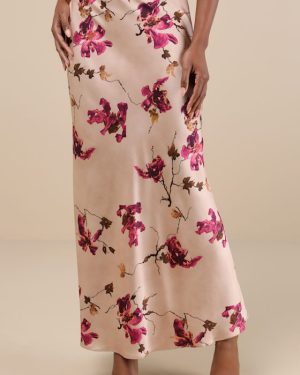 Captivating Element Mauve Pink Floral Print Satin Maxi Skirt