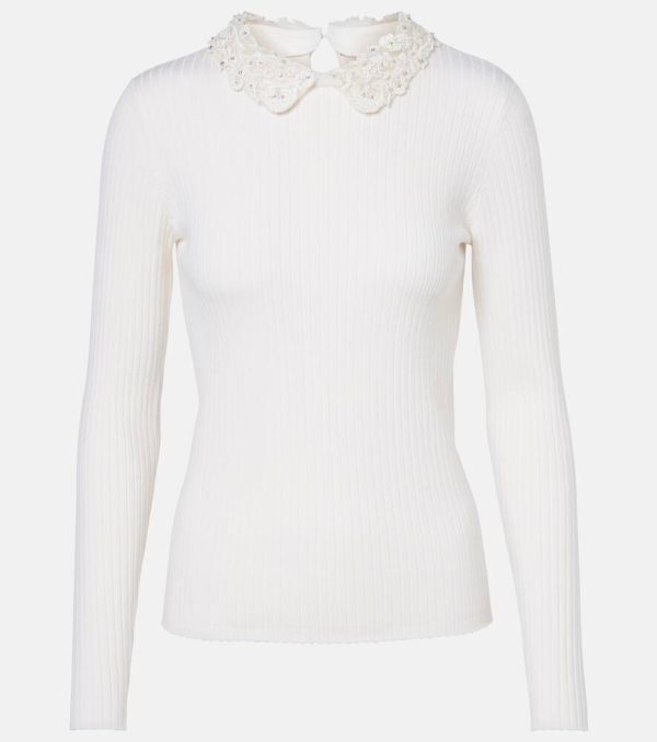Carolina Herrera Embellished ribbed-knit wool top