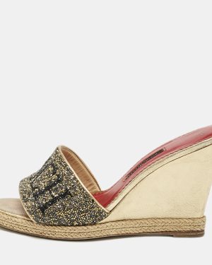 Carolina Herrera Gold Glitter and Leather Logo Wedge Sandals Size 37