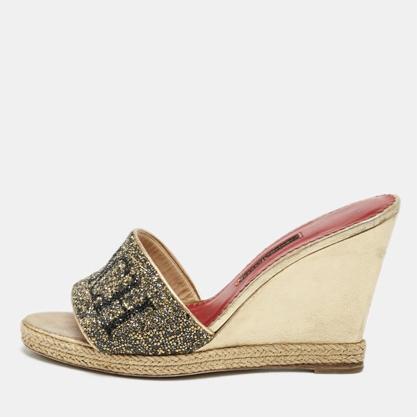 Carolina Herrera Gold Glitter and Leather Logo Wedge Sandals Size 37