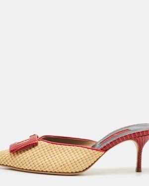 Carolina Herrera Red/Cream Lizard Embossed Leather and Raffia Heel Mules Size 36