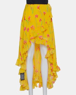 Caroline Constas Yellow Printed Silk Ruffled Asymmetric Hem Adelle Midi Skirt M