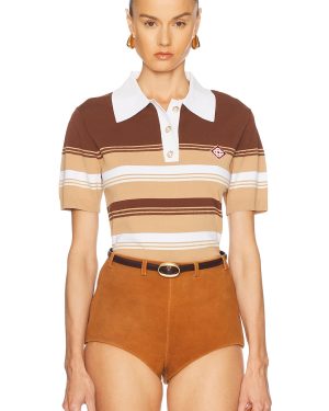 Casablanca Chicano Striped Polo Top in Beige & Brown - Brown. Size L (also in M, S, XS).