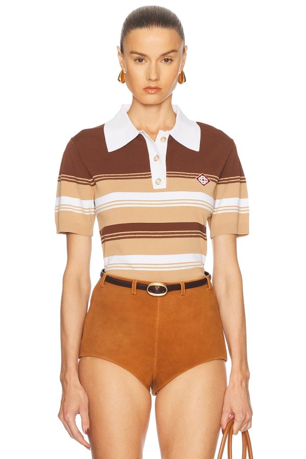 Casablanca Chicano Striped Polo Top in Beige & Brown - Brown. Size L (also in M, S, XS).