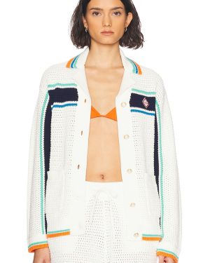 Casablanca Crochet Effect Tennis Shacket in Tennis Stripe - White. Size L (also in M, S).