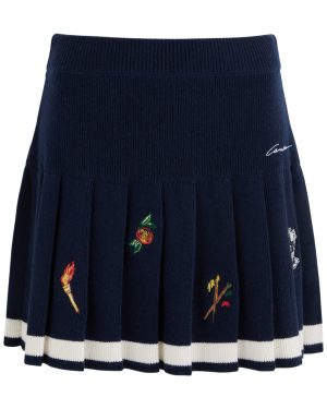 Casablanca Embroidered Pleated Wool-blend Mini Skirt - Navy - XS (UK6 / XS)