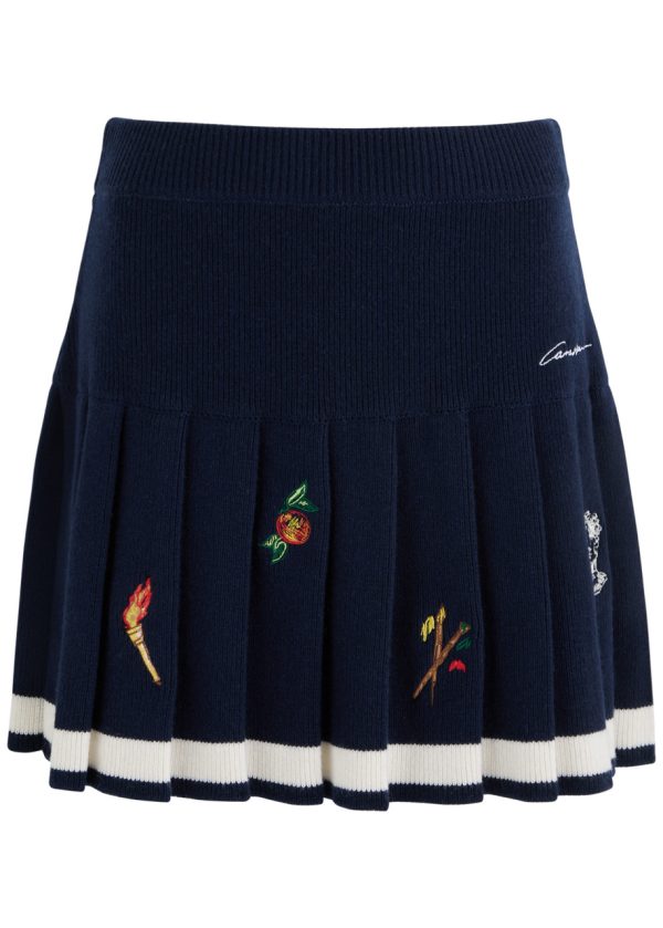 Casablanca Embroidered Pleated Wool-blend Mini Skirt - Navy - XS (UK6 / XS)