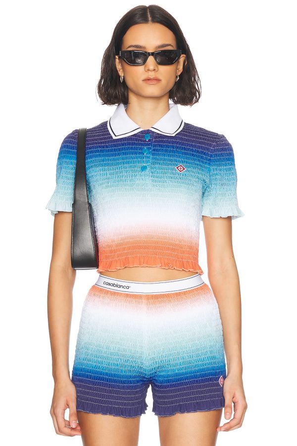 Casablanca Gradient Shirred Polo Top in Gradient - Blue. Size M (also in S, XS).