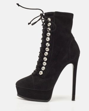 Casadei Black Suede Crystals Platform Ankle Length Boots Size 36