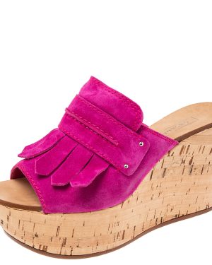 Casadei Pink Suede Tassel Open Toe Cork Platform Wedge Sandals Size 38