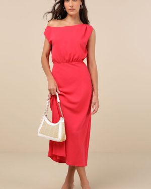 Casual Enchantment Red Linen Off-the-Shoulder Midi Dress