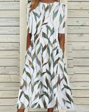 Casual Floral Summer Polyester Natural Maxi Crew Neck A-Line Regular Dresses for Women