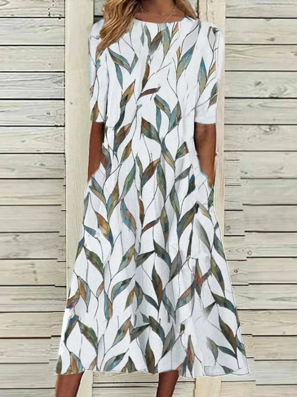 Casual Floral Summer Polyester Natural Maxi Crew Neck A-Line Regular Dresses for Women