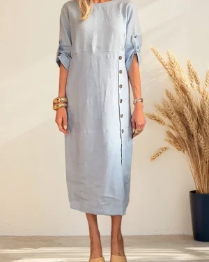 Casual Plain Summer Linen Asymmetric Natural Daily Regular Fit Midi Dresses for Women